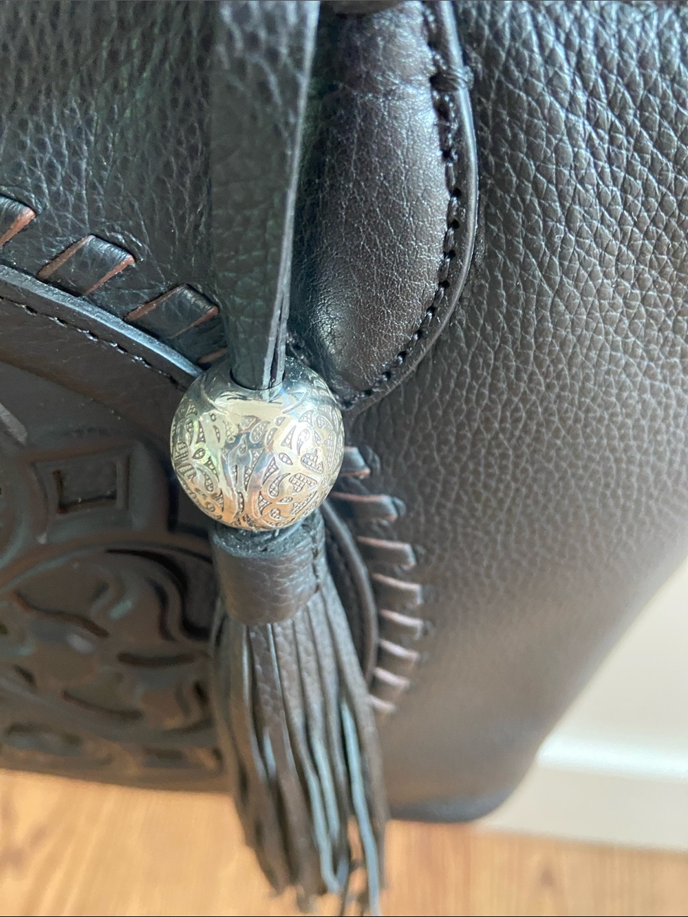 Brighton Black Leather Tote with Embossed Medallion and Tassel - Picture 10 of 15